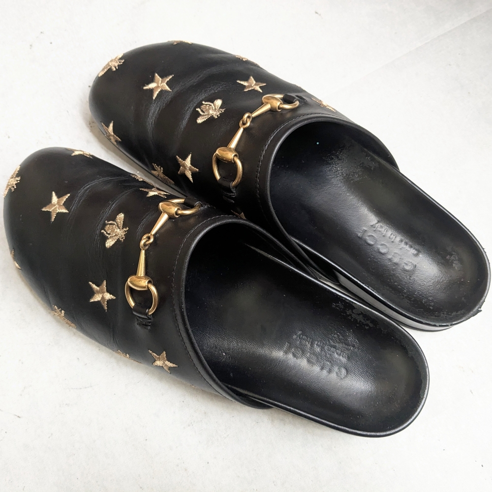 Gucci Horsebit Loafers Mules Men US 9.5 Black Gold Stars Bees Leather - Picture 10 of 16